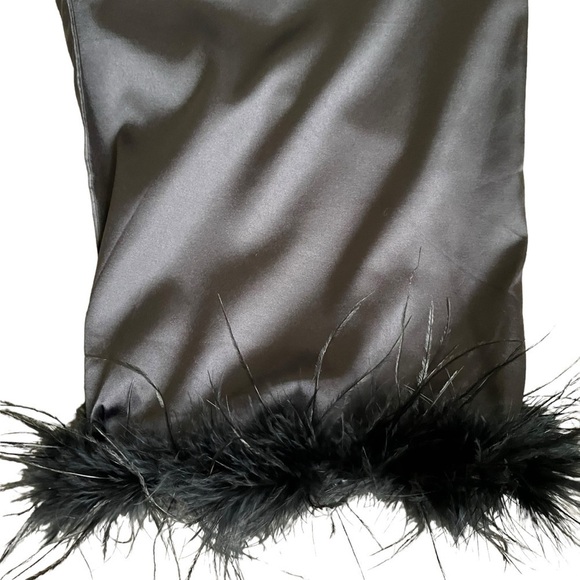 Feather Trimmed Black Satin Pajama Pants Bottoms Elastic Waist Drawstring Sz M - Picture 6 of 16